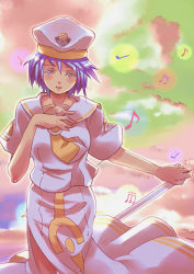 Rule 34 | 00s, 1girl, aria (manga), athena glory, closed eyes, dark-skinned female, dark skin, hand on own chest, hat, highres, kawakami tomoko, music, musical note, oar, open mouth, purple hair, renka (renkas), short hair, singing, solo, uniform