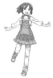 1girl blush collarbone copyright_request dress full_body greyscale looking_at_viewer monochrome naotan open_mouth outstretched_arms pants pants_under_dress ponytail shoes short_hair simple_background sneakers solo spread_arms white_background