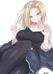 Rule 34 | 1girl, absurdres, android 18, belt, black pantyhose, black shirt, blonde hair, blue eyes, blush, breasts, collarbone, dragon ball, dragonball z, highres, jacket, large breasts, looking at viewer, nao (qqqbb), pantyhose, shirt, simple background, skirt, smile, solo, twitter username, white background