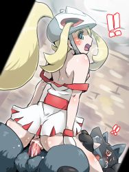 Rule 34 | !, !!, 10s, 1girl, anus, ass, bar censor, bare shoulders, bicycle helmet, blonde hair, blue eyes, blush, border, boris (noborhys), bottomless, breasts, caught, censored, cowgirl position, creatures (company), dress, furry, furry male, furry with non-furry, game freak, gen 4 pokemon, girl on top, gloves, gym leader, heavy breathing, helmet, interspecies, korrina (pokemon), long hair, lucario, nintendo, nipples, off shoulder, penis, pokemon, pokemon (creature), pokemon xy, pokephilia, ponytail, pussy juice, red eyes, sex, short dress, skirt, small breasts, solo focus, straddling, sweat, testicles, vaginal, white gloves