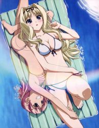 Rule 34 | 2girls, absurdres, afloat, armpits, bad id, bad yandere id, barefoot, bikini, blonde hair, blue eyes, blush, breasts, cleavage, day, embarrassed, feet, flat chest, from above, from side, front-tie bikini top, front-tie top, grin, hair intakes, hair ornament, hairclip, halterneck, hand on own hip, highres, inflatable raft, katou yasuhisa, kusugawa sasara, lace, lace-trimmed bikini, lace trim, leg grab, leg up, legs together, long hair, lying, maaryan (to heart), megami magazine, multiple girls, on back, on side, open mouth, outdoors, parted bangs, pink bikini, pink hair, reflection, short hair, side-tie bikini bottom, smile, string bikini, striped bikini, striped clothes, surprised, swimsuit, to heart (series), to heart 2, toes, water, wet, wet hair, white bikini, yanagisawa masahide