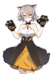 Rule 34 | 1girl, animal ears, animal hands, bare shoulders, bikini, breasts, cat ears, claw pose, cleavage, closed mouth, cowboy shot, criss-cross halter, detached collar, dress, earrings, expressionless, girls&#039; frontline, glasses, gloves, grey hair, halterneck, highres, jack-o&#039;-lantern, jack-o&#039;-lantern earrings, jewelry, looking at viewer, medium breasts, official alternate costume, paw gloves, semi-rimless eyewear, short hair, simple background, single earring, solo, standing, supernew, swimsuit, underbust, vector (girls&#039; frontline), vector (kitty paws) (girls&#039; frontline), white background, yellow-framed eyewear, yellow bikini