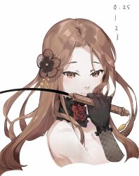 Rule 34 | 1girl, black gloves, breasts, brown eyes, brown hair, cleavage, closed mouth, completion time, flower, from side, gloves, hair ornament, highres, holding, holding whip, idolmaster, idolmaster cinderella girls, long hair, looking at viewer, looking to the side, neck flower, neko (ganecooo), red flower, red rose, rose, simple background, smile, solo, white background, zaizen tokiko
