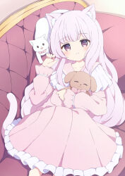 Rule 34 | 1girl, animal ears, barefoot, blunt bangs, cat, cat ears, cat girl, cat tail, closed mouth, collarbone, collared dress, couch, dress, foot out of frame, highres, hugging object, knees up, leaning back, long sleeves, looking at viewer, open hand, original, pink dress, pink hair, pink sailor collar, purple eyes, raised eyebrows, sailor collar, sailor dress, sitting, sleeves past wrists, smile, solo, stuffed animal, stuffed rabbit, stuffed toy, tail, tyomimas, variant set, wavy mouth, white cat