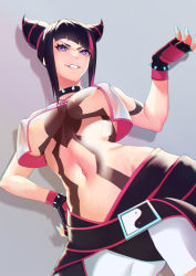 Rule 34 | 1girl, akakrigh, aqua nails, belt, black hair, blunt bangs, bracelet, breasts, choker, commentary, cone hair bun, covered erect nipples, cropped legs, fingerless gloves, fingernails, from below, gloves, grin, hair bun, han juri, hand on own hip, hand up, highres, jewelry, large breasts, midriff, multicolored hair, nail polish, navel, no bra, parted lips, purple eyes, purple hair, revealing clothes, simple background, smile, solo, spiked bracelet, spiked choker, spikes, streaked hair, street fighter, street fighter 6, sweat, two-tone hair, underboob, vest, white vest, yin yang, yin yang print