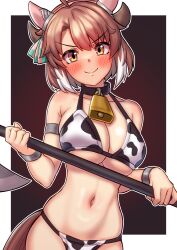 1girl absurdres alternate_costume animal_ears animal_print axe bell bikini blush border breasts brown_hair cleavage colored_tips commentary_request cow_print cow_print_bikini cowbell dantsu_flame_(umamusume) ear_covers ear_ornament fake_horns gupunetsu hair_between_eyes highres holding holding_axe horns horse_ears horse_girl horse_tail large_breasts looking_at_viewer multicolored_hair navel neck_bell outside_border print_bikini smile solo streaked_hair swimsuit tail umamusume v-shaped_eyebrows white_border white_hair yellow_eyes