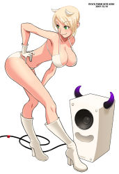 Rule 34 | 1girl, bent over, bikini, blonde hair, boots, breasts, cable, cleavage, dated, full body, gloves, green eyes, hand on own hip, hanging breasts, high heels, horns, huge breasts, legs, long legs, narrow waist, original, pinup (style), ryu (ryu&#039;s form site), shoes, short hair, skinny, slender, smile, solo, speaker, swimsuit, white bikini