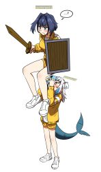 Rule 34 | ...?, 2girls, absurdres, blue eyes, blue hair, breasts, cellphone, character name, ddolbang, fins, fish tail, floating, gawr gura, grey hair, gym shirt, gym uniform, hair intakes, hair ornament, highres, holding, holding shield, hololive, hololive english, large breasts, minecraft, multicolored hair, multiple girls, ouro kronii, phone, shark girl, shark hair ornament, shark tail, shield, shirt, short hair, simple background, smartphone, streaked hair, sword, tail, two side up, virtual youtuber, weapon, white background