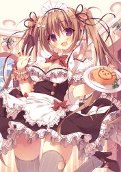 Rule 34 | 1girl, :d, apron, bad id, bad pixiv id, black eyes, bow, breasts, cleavage, dress, earrings, fang, flag, food, hair ribbon, high heels, highres, jewelry, long hair, maid, maid apron, maid headdress, moe2015, omelet, omurice, oniku (shimofuri-ke), open mouth, original, plant, plate, potted plant, ribbon, smile, solo, thighhighs, twintails, very long hair, waist apron, waving, window, zettai ryouiki