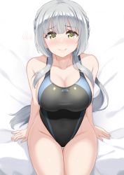Rule 34 | 1girl, black one-piece swimsuit, braid, breasts, collarbone, commentary request, competition swimsuit, cowboy shot, crown braid, grey one-piece swimsuit, highres, kashiwagi saki, kibihimi, large breasts, long hair, looking at viewer, one-piece swimsuit, ongeki, sidelocks, silver hair, sitting, smile, solo, swimsuit, thigh gap, yellow eyes