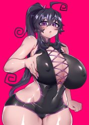 Rule 34 | 1girl, ahoge, black hair, black one-piece swimsuit, blush, breasts squeezed together, breasts, center opening, cleavage, commentary request, covered erect nipples, curly hair, curvy, deep skin, hair between eyes, highres, hip vent, huge ahoge, huge breasts, long hair, looking at viewer, nail polish, nyarla (osiimi), one-piece swimsuit, open mouth, original, osiimi, pink background, pink nails, ponytail, purple eyes, grabbing own breast, sidelocks, solo, swimsuit, thick thighs, thighs, wide hips