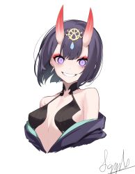 Rule 34 | 1girl, bare shoulders, bob cut, breasts, collarbone, eyeliner, fate/grand order, fate (series), grin, headpiece, highres, horns, japanese clothes, kimono, looking at viewer, makeup, medium breasts, off shoulder, oni, purple eyes, purple hair, purple kimono, revealing clothes, short hair, shuten douji (fate), simple background, skin-covered horns, smile, solo, spider apple, white background