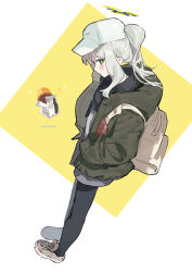 Rule 34 | 1girl, absurdres, artist name, backpack, bag, baseball cap, black pantyhose, blue archive, blush, brown footwear, coat, gohanduck, green coat, green eyes, grey hair, grey shorts, hair through headwear, halo, hare (blue archive), hare (camp) (blue archive), hat, highres, long hair, long sleeves, looking at viewer, official alternate costume, open clothes, open coat, pantyhose, ponytail, scarf, shoes, shorts, sidelocks, sideways glance, sneakers, solo, sparkle, standing, white hat