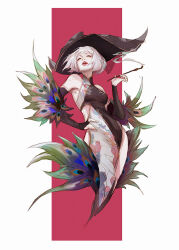 Rule 34 | 1girl, bare shoulders, breasts, copyright request, dress, frills, hat, highres, holding, lipstick, makeup, muju, open mouth, peacock feathers, short hair, sleeveless, sleeveless dress, small breasts, smoke, smoke trail, smoking, smoking pipe, solo, tagme, white hair