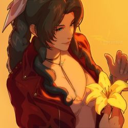Rule 34 | 1girl, aerith gainsborough, bangle, bracelet, braid, braided ponytail, breasts, brown hair, choker, cleavage, dress, final fantasy, final fantasy vii, final fantasy vii remake, fingernails, flower, flower choker, green eyes, hair ribbon, holding, holding flower, jacket, jewelry, lily (flower), long hair, medium breasts, orange background, parted bangs, parted lips, pink dress, pink ribbon, red jacket, ribbon, sidelocks, smile, solo, the art mage, twitter username, upper body, wavy hair, yellow flower