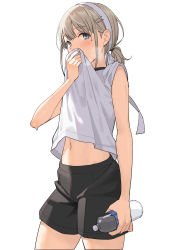 Rule 34 | 1girl, absurdres, black shorts, bottle, covered mouth, cowboy shot, goumudan, grey hair, hair ornament, hairpin, headband, highres, holding, holding bottle, holding clothes, holding shirt, idolmaster, idolmaster shiny colors, looking at viewer, midriff, midriff peek, navel, ponytail, serizawa asahi, shirt, shorts, simple background, sleeves pushed up, solo, sportswear, steam, sweatdrop, white background