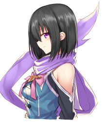 Rule 34 | 1girl, bare shoulders, black hair, blue shirt, blush, bob cut, bow, bowtie, breasts, closed mouth, from side, long sleeves, looking at viewer, mahcdai, medium breasts, original, pink bow, pink bowtie, profile, purple eyes, purple scarf, scarf, shirt, short hair, sidelocks, simple background, smile, solo, upper body, white background