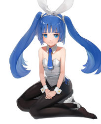 Rule 34 | 1girl, black pantyhose, blue eyes, blue hair, blunt bangs, closed mouth, commentary request, detached collar, highres, leotard, necktie, nipako, pantyhose, playboy bunny, rabbit girl, ribbon, smile, solo, sunga2usagi, twintails, ultimate nipper, white ribbon