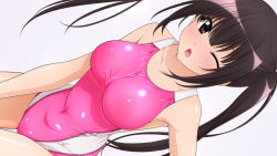 Rule 34 | 1girl, absurdres, black hair, breasts, collarbone, commentary request, competition swimsuit, covered navel, cowboy shot, grey background, highres, leaning forward, long hair, looking at viewer, medium breasts, one-piece swimsuit, one eye closed, open mouth, original, pink one-piece swimsuit, purple eyes, sideways, simple background, solo, sugimura tomokazu, swimsuit, twintails