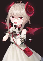 Rule 34 | 1girl, :d, absurdres, ahoge, bad id, bad pixiv id, bare shoulders, commentary, curled horns, dark background, dress, fangs, gloves, highres, horns, light blush, light brown hair, looking at viewer, makaino ririmu, nijisanji, open mouth, pointy ears, red eyes, red horns, red wings, short hair, smile, solo, upper body, useq1067, virtual youtuber, white dress, white gloves, wings
