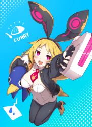 Rule 34 | 1girl, aged up, animal ears, blonde hair, breasts, cleavage, cropped jacket, demon girl, disgaea, disgaea rpg, fingerless gloves, gloves, gun, high heels, highres, holding, holding gun, holding weapon, jacket, leotard, makai senki disgaea, makai senki disgaea 5, necktie, open clothes, open jacket, open mouth, prinny, rabbit earmuffs, rabbit ears, red eyes, short hair, sphere stone, thick eyebrows, usalia (disgaea), weapon, white leotard