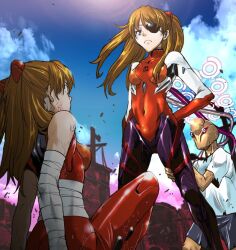 Rule 34 | 1other, 2girls, alternate universe, artist request, ass, bandaged arm, bandages, blue eyes, blue sky, bodysuit, breasts, brown hair, cloud, cloudy sky, cosplay, the end of evangelion, evangelion: 3.0+1.0 thrice upon a time, evangelion: 3.0 you can (not) redo, expressionless, eyepatch, hairpods, injury, interface headset, long hair, looking at another, medium breasts, multiple girls, multiple persona, neon genesis evangelion, plugsuit, rebuild of evangelion, red bodysuit, shiny clothes, sitting, sky, souryuu asuka langley, souryuu asuka langley (cosplay), standing, surprised, twintails, two side up, what