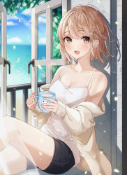 Rule 34 | 1girl, absurdres, bare shoulders, black shorts, braid, breasts, brown eyes, brown hair, camisole, cleavage, collarbone, cup, day, highres, holding, jacket, knee up, lebring, long sleeves, looking at viewer, medium breasts, mug, off shoulder, open clothes, open jacket, open mouth, original, revision, shirt, short hair, short shorts, shorts, sitting, sleeveless, sleeveless shirt, solo, spaghetti strap, white jacket, white shirt