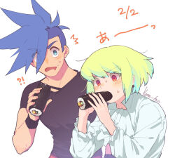 Rule 34 | !?, 2boys, androgynous, armlet, artist name, asymmetrical hair, black shirt, blue eyes, blue hair, blush, collared shirt, commentary request, dated, drooling, earrings, eating, food, galo thymos, green hair, highres, jewelry, kome 1022, lio fotia, long sleeves, looking at another, looking at food, makizushi, male focus, mohawk, multicolored eyes, multiple boys, orange eyes, pink eyes, promare, shirt, short hair, short sleeves, sidelocks, simple background, single earring, surprised, sushi, sweat, translated, triangle earrings, upper body, white background, white shirt, you&#039;re doing it wrong
