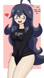 Rule 34 | 1girl, @ @, ahoge, between legs, black sweater, blush, border, bottomless, breasts, clothes writing, covered erect nipples, covering crotch, covering privates, creatures (company), drooling, english text, flying sweatdrops, game freak, hand between legs, headband, heart, hex maniac (pokemon), large breasts, long hair, looking away, looking to the side, matching hair/eyes, nervous, nintendo, npc trainer, open mouth, own hands together, pink background, pokemon, pokemon xy, purple eyes, purple hair, putri (somedude1727), ribbed sweater, shiny skin, simple background, smile, solo, standing, sweat, sweater, talking, text focus, trembling, v arms, wavy mouth, white border