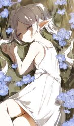 Rule 34 | 1girl, blue flower, closed eyes, commentary, dress, elf, flower, frieren, highres, long hair, lying, on side, orobou, pointy ears, sleeping, solo, sousou no frieren, twintails, white dress