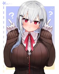 Rule 34 | 1girl, ?, absurdres, blush, border, breasts, brown cardigan, cardigan, collared shirt, crossed bangs, empty eyes, festa11307070, gloves, hair ornament, hairclip, hakase fuyuki, hands up, head tilt, highres, large breasts, light frown, long hair, looking at viewer, low twintails, neck ribbon, nijisanji, outside border, pointing, pointing up, red eyes, red ribbon, ribbon, shirt, sleeves past wrists, snowflake necklace, solo, twintails, upper body, virtual youtuber, white border, white gloves, white hair, white shirt