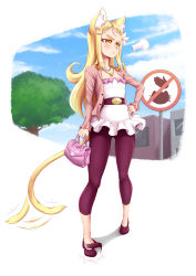 Rule 34 | 1girl, puff of air, afterimage, animal ear fluff, animal ears, bag, black leggings, blonde hair, blue sky, blush, cat ears, cat girl, cat tail, cloud, commentary, day, dress, english commentary, flower, full body, hair flower, hair ornament, hairclip, hand on own hip, highres, jacket, jewelry, leggings, long hair, long sleeves, looking away, mazume, necklace, open clothes, open jacket, original, outdoors, pout, sign, sky, solo, standing, tail, tail wagging, tree, yellow eyes