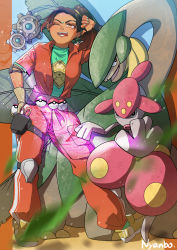 Rule 34 | 1girl, absurdres, animification, apex legends, aqua shirt, artist name, belt, black belt, brown eyes, brown gloves, brown hair, creatures (company), crossover, dark-skinned female, dark skin, dust, eyebrow cut, facial mark, forehead mark, game freak, gen 3 pokemon, gen 5 pokemon, gloves, gradient hair, highres, holding, holding poke ball, jumpsuit, klang, looking at viewer, medicham, multicolored hair, nintendo, nyanbo, one eye closed, orange jumpsuit, poke ball, poke ball (basic), pokemon, pokemon (creature), pouch, rampart (apex legends), shirt, side ponytail, smile, thigh strap, thumbs down, tongue, tongue out, tropius