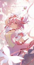 1girl absurdres cloudyman gloves highres kaname_madoka kaname_madoka_(magical_girl) looking_at_viewer mahou_shoujo_madoka_magica pink_eyes pink_hair puffy_short_sleeves puffy_sleeves short_sleeves smile solo white_gloves