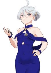 Rule 34 | 1girl, ahoge, alternate hairstyle, blue dress, cellphone, closed mouth, commentary, covered navel, cowboy shot, dress, frown, grey eyes, grey hair, gundam, gundam suisei no majo, hair tie, hair up, hand on own hip, highres, holding, holding phone, kamille (vcx68), looking at viewer, miorine rembran, pencil dress, phone, short hair, simple background, smartphone, solo, standing, strapless, strapless dress, white background, wristband