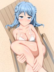Rule 34 | 10s, 1girl, alphe, bad id, bad pixiv id, bare arms, bikini, blue eyes, blue hair, blush, breasts, chair, cleavage, collarbone, deck chair, double bun, hair bun, highres, hugging own legs, kantai collection, large breasts, looking at viewer, lounge chair, lying, matching hair/eyes, on back, outdoors, sand, shiny skin, short hair, smile, solo, swimsuit, thighs, urakaze (kancolle), water, water drop, wet, white bikini, wood