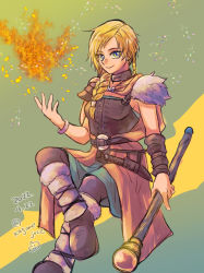 Rule 34 | 1girl, belt, bianca (dq5), blue eyes, boots, bracelet, braid, breasts, cape, choker, dated, defense zero, dragon quest, dragon quest v, fire, hair over shoulder, holding, holding weapon, jewelry, long hair, magic, medium breasts, orange cape, pyrokinesis, side braid, single braid, smile, solo, staff, weapon