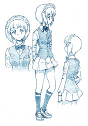 Rule 34 | 1girl, arm grab, arms behind back, bartender, bbb (friskuser), blue theme, blunt bangs, bob cut, bow, bowtie, closed mouth, commentary, cropped torso, cutlass (girls und panzer), dress shirt, from behind, girls und panzer, highres, light frown, loafers, long sleeves, looking at viewer, maid headdress, miniskirt, monochrome, multiple views, pleated skirt, school uniform, shirt, shoes, short hair, single horizontal stripe, skirt, socks, standing, vest, wing collar