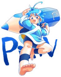 Rule 34 | 1girl, barefoot, bike shorts, blue eyes, blue hair, feet, foot focus, full body, highres, matching hair/eyes, open mouth, oversized object, oyatsu (mk2), pencil, pixiv, pixiv-tan, short hair, simple background, smile, soles, solo, toes, white background