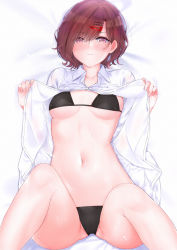 Rule 34 | 1girl, absurdres, bare legs, black bra, black panties, blush, bra, breasts, brown hair, closed mouth, collared shirt, commentary request, eyes visible through hair, feet out of frame, hair ornament, highres, higuchi madoka, idolmaster, idolmaster shiny colors, legs up, long sleeves, looking at viewer, lying, medium breasts, mole, mole under eye, navel, no pants, on back, open clothes, open shirt, panties, purple eyes, shirt, short hair, solo, tutinako, unbuttoned, underwear, white shirt