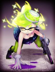 Rule 34 | 1girl, absurdres, ankle boots, bare shoulders, black footwear, boots, breasts, cross-shaped pupils, detached collar, dress, earrings, full body, gloves, glowing, glowing hair, green pantyhose, highres, holding, inkling, jewelry, light green hair, marie (splatoon), mole, mole under eye, n-zap (splatoon), nintendo, paint, pantyhose, pointy ears, puchiman, short dress, short hair, small breasts, solo, sparkle, splatoon (series), splatoon 1, strapless, strapless dress, suction cups, symbol-shaped pupils, tentacle hair, twitter username, white gloves, yellow eyes