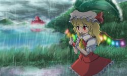 Rule 34 | 1girl, :o, ascot, bad id, bad pixiv id, blonde hair, cloud, cloudy sky, female focus, flandre scarlet, grass, hat, hat ribbon, lake, leaf umbrella, looking away, mob cap, mountain, path, puffy short sleeves, puffy sleeves, rain, red eyes, ribbon, road, scarlet devil mansion, short hair, short sleeves, side ponytail, skirt, skirt set, sky, slit pupils, solo, touhou, water drop, wings, wrist cuffs