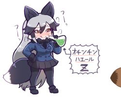 Rule 34 | 10s, :q, animal ears, black footwear, black gloves, black neckwear, black pantyhose, black skirt, blue jacket, blush, bow, bowtie, breasts, closed mouth, commentary request, erlenmeyer flask, ezo red fox (kemono friends), flask, fox ears, fox tail, fur trim, gloves, hair between eyes, jacket, kemono friends, large breasts, long hair, long sleeves, multicolored hair, necktie, orange eyes, pantyhose, pleated skirt, silver fox (kemono friends), silver hair, simple background, skirt, smile, solo focus, standing, tail, tanaka kusao, tongue, tongue out, translation request, very long hair, white background