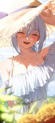Rule 34 | arm up, beach, blurry, blurry foreground, blush, breasts, character request, cleavage cutout, closed eyes, clothing cutout, collarbone, copyright request, day, dress, frilled dress, frills, grey hair, hat, highres, huhi (huhi 1211), medium breasts, ocean, off-shoulder dress, off shoulder, open mouth, plant, short hair, smile, sun hat, sunlight, virtual youtuber, white dress
