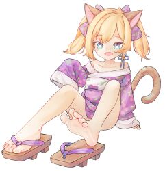 Rule 34 | 1girl, animal ears, aqua eyes, bare legs, bare shoulders, barefoot, blue eyes, cat ears, cat tail, chaosexceed, collarbone, commentary, commission, convenient leg, english commentary, fang, feet, floral print, full body, geta, gradient eyes, hand up, highres, japanese clothes, kimono, knees up, legs, medium hair, mixed-language commentary, multicolored eyes, off shoulder, on ground, open mouth, original, parted bangs, print kimono, purple kimono, sandals, short kimono, simple background, single sandal, sitting, skin fang, sleeves past fingers, sleeves past wrists, soles, solo, tail, thighs, toenails, toes, twintails, white background, wide sleeves