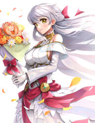 Rule 34 | 1girl, bare shoulders, bouquet, breasts, commentary, detached sleeves, dress, fire emblem, fire emblem: radiant dawn, fire emblem heroes, flower, gloves, gold trim, gonzarez, hair ribbon, highres, king, large breasts, looking at viewer, micaiah (bridal) (fire emblem), micaiah (fire emblem), nintendo, red ribbon, ribbon, sideboob, smile, solo, teeth, upper body, wedding dress, white gloves, white hair, yellow eyes