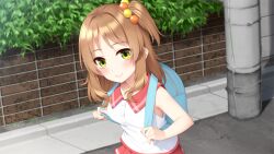 Rule 34 | 1girl, bag, blush, breasts, brown hair, carrying, closed mouth, female focus, from above, game cg, go-1, green eyes, hair bobbles, hair ornament, harukaze nanoka, highres, homemaid sweet pea, light blush, looking at viewer, original, outdoors, road, school bag, school uniform, side ponytail, skirt, small breasts, smile, solo, standing, street