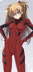 Rule 34 | 1girl, blue eyes, bodysuit, breasts, cowboy shot, curvy, feet out of frame, hair between eyes, hands on own hips, highres, interface headset, light brown hair, long hair, looking at viewer, medium breasts, murata tefu, narrow waist, neon genesis evangelion, pilot suit, plugsuit, red bodysuit, shiny clothes, simple background, skin tight, solo, souryuu asuka langley, standing, tsundere, two side up, very long hair, wide hips