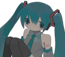 Rule 34 | 1girl, aqua eyes, aqua hair, aqua necktie, bare shoulders, black thighhighs, closed mouth, collared shirt, detached sleeves, grey shirt, grey sleeves, hair ornament, hatsune miku, highres, knees up, long hair, looking at viewer, miku day, necktie, shino (4no 0), shirt, simple background, sitting, sleeveless, sleeveless shirt, solo, thighhighs, twintails, upper body, vocaloid, white background