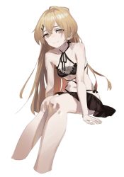 Rule 34 | 1girl, bikini, black bikini, black skirt, blush, brown eyes, closed mouth, cropped legs, cross, cross earrings, earrings, girls&#039; frontline, had (had314), hair between eyes, hair ornament, highres, invisible chair, jewelry, light brown hair, long hair, looking at viewer, official alternate costume, ppk (foliage romance) (girls&#039; frontline), ppk (girls&#039; frontline), simple background, sitting, skirt, smile, solo, swimsuit, white background, x hair ornament